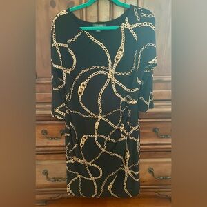 Ralph Lauren Elegant Black and Gold Chain Print Dress